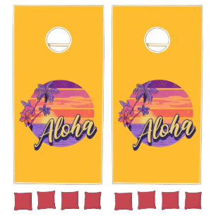 Retro style "Aloha" text design Cornhole Set