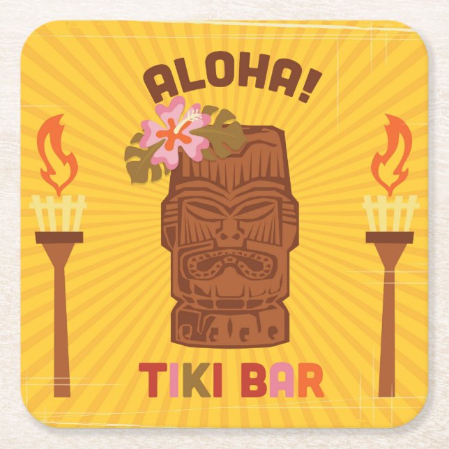 Retro Style Aloha Tiki Bar Square Paper Coaster (Front)