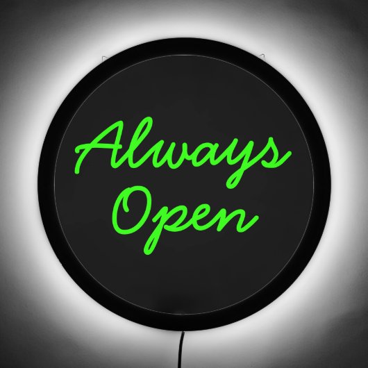 Retro Style Always Open Neon Green on Black LED Sign (Front)