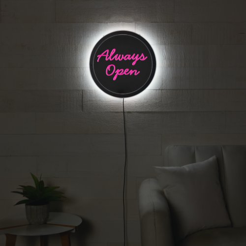 Retro Style Always Open Neon Pink on Black LED Sign