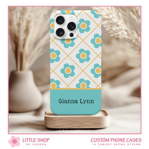 Retro-Style Aqua Yellow Floral Monogram iPhone 15 Case