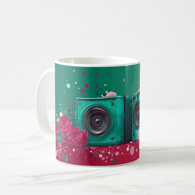 Retro-style audio speakers surrounded by roses coffee mug (Front Left)