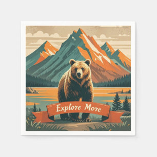Retro-style bear cartoon and mountain range napkins