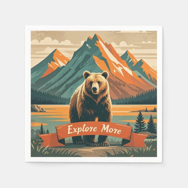 Retro-style bear cartoon and mountain range napkins (Front)