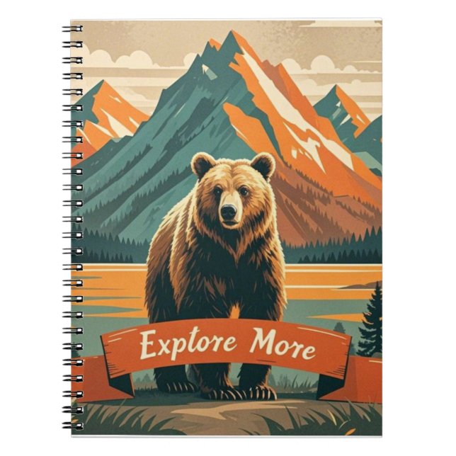 Retro-style bear cartoon and mountain range notebook (Front)