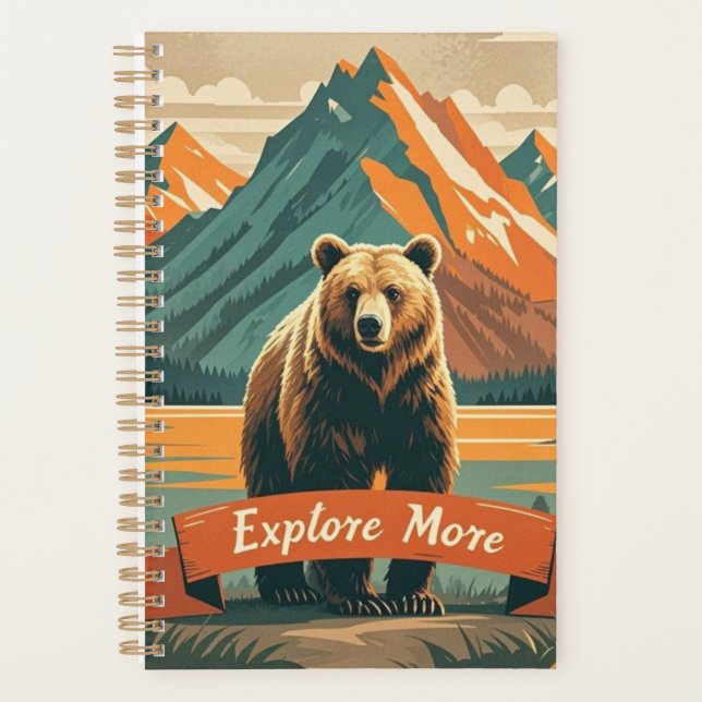 Retro-style bear cartoon and mountain range planner (Front)