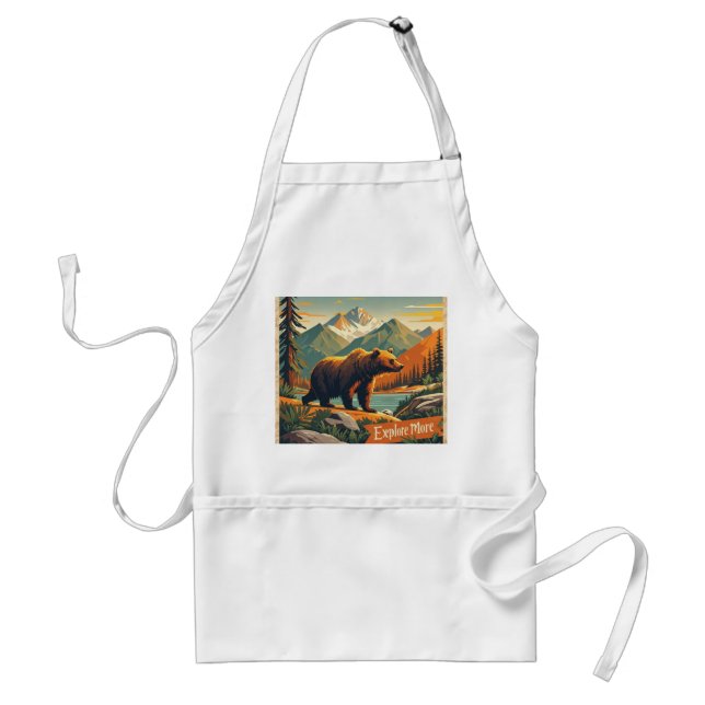 Retro-style bear cartoon and mountain range Poster Adult Apron (Front)