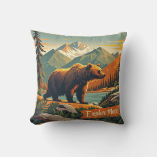 Retro-style bear cartoon and mountain range Poster Throw Pillow