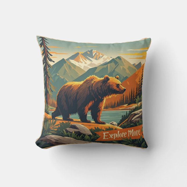 Retro-style bear cartoon and mountain range Poster Throw Pillow (Front)