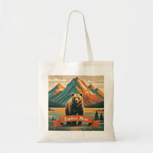 Retro-style bear cartoon and mountain range tote bag