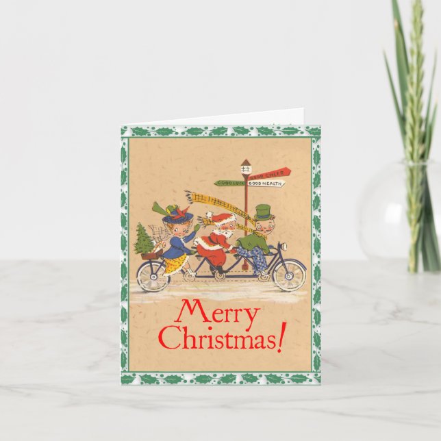 Retro-Style "Bicycling People" Christmas Card (Front)