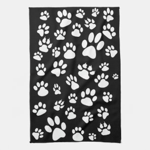 Retro-Style Black and White Scattered Paw Prints Kitchen Towel