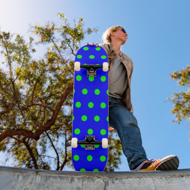 Retro Style Blue and Lime Green Polka Dot Skateboard (Outdoor 1)