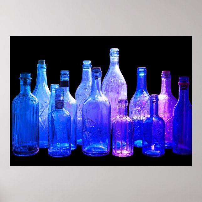 Retro Style Blue Glass Bottles In the Window Wall Poster (Front)