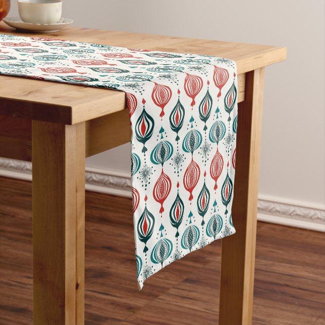 Retro Style Blue Teal Red Holiday Ornaments Medium Table Runner (In Situ)