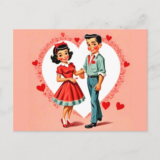 Retro Style Boy and Girl Valentine's Day Postcard (Front)