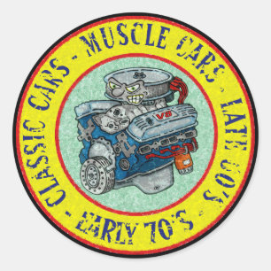 RETRO STYLE CARTOON CLASSIC V-8 ENGINE ROUND STICKER