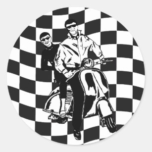 Retro style check scooter boy and girl classic round sticker