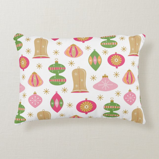Retro Style Christmas Ornaments -Pink Green Gold Accent Pillow (Front)