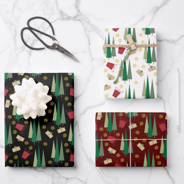 Retro Style Christmas Tree and Gift Pattern Wrapping Paper Sheets (Front)