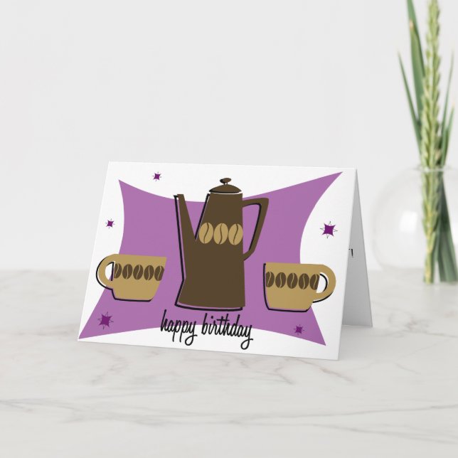 Retro Style Coffee Themed Birthday Card (Purple) (Front)