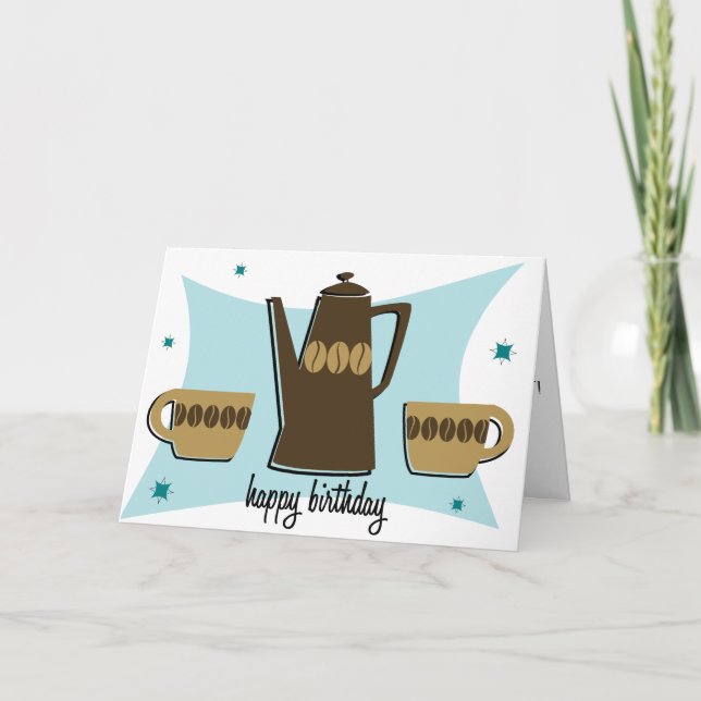 Retro Style Coffee Themed Birthday Card (teal) (Front)