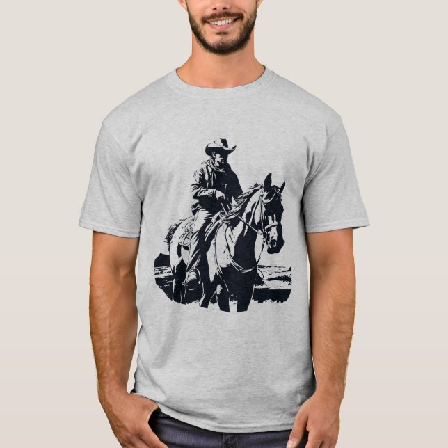 Retro Style Cowboy Man on Horse Horseback Riding T-Shirt (Front)