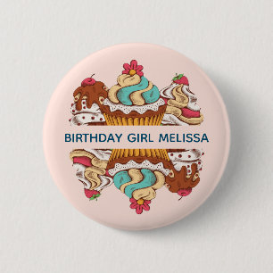 Retro Style Cupcakes Sweet Dessert Birthday Girl Button