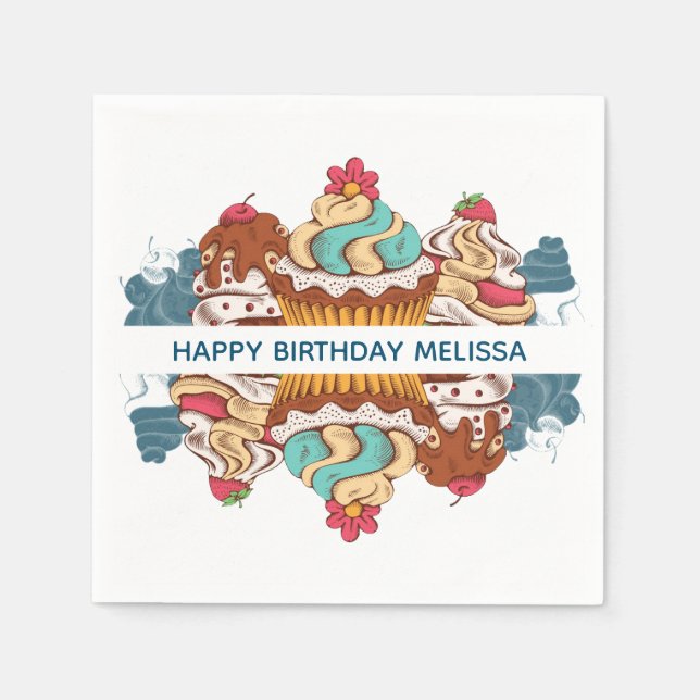 Retro Style Cupcakes Sweet Dessert Birthday Napkins (Front)