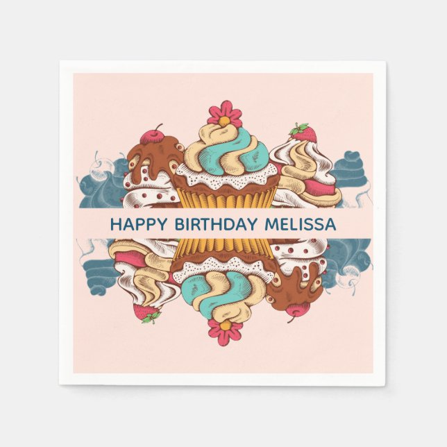 Retro Style Cupcakes Sweet Dessert Birthday Napkins (Front)