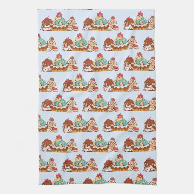 Retro Style Cupcakes Sweet Dessert Pattern Kitchen Towel (Vertical)
