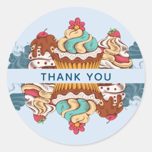 Retro Style Cupcakes Sweet Dessert Thank You Classic Round Sticker