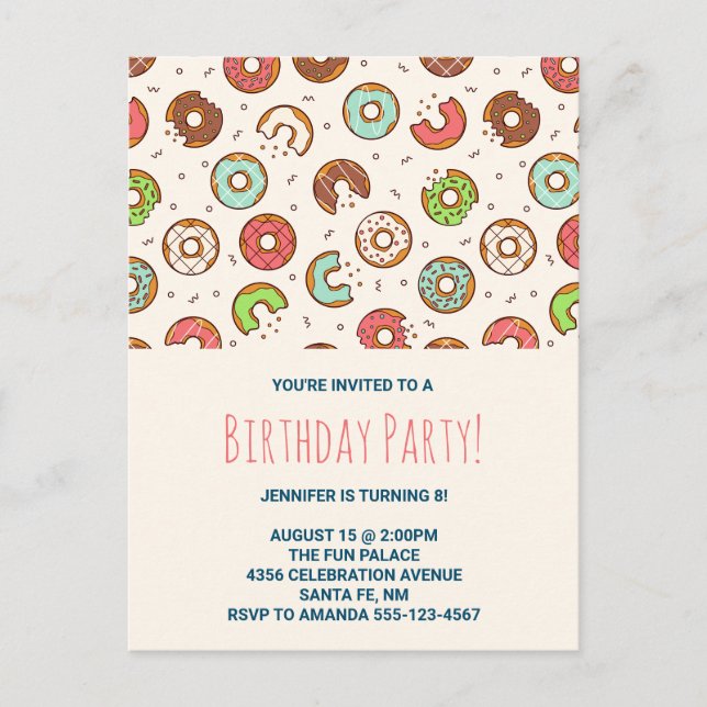 Retro Style Cute Colorful Donut Pattern Invitation Postcard (Front)