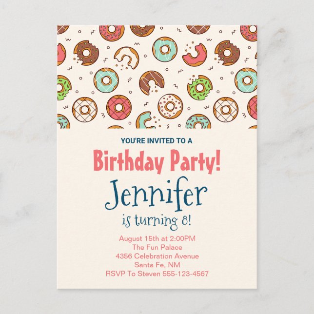 Retro Style Cute Colorful Donut Pattern Invitation Postcard (Front)