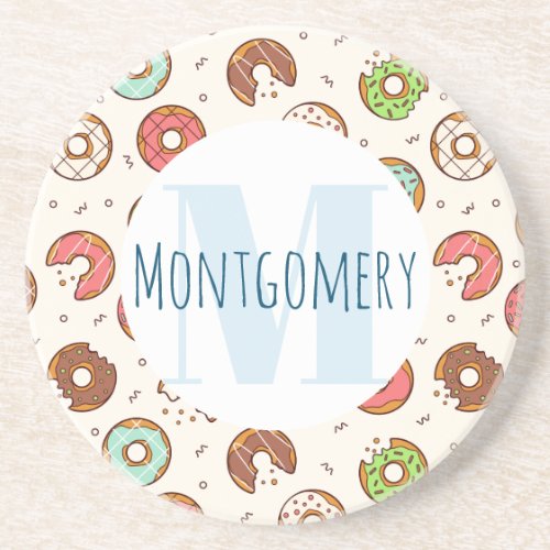 Retro Style Cute Colorful Donut Pattern Monogram Coaster