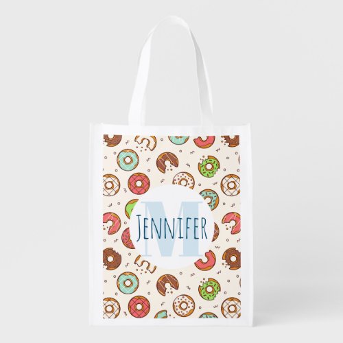 Retro Style Cute Colorful Donut Pattern Monogram Grocery Bag