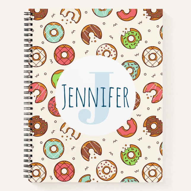 Retro Style Cute Colorful Donut Pattern Monogram Notebook (Front)