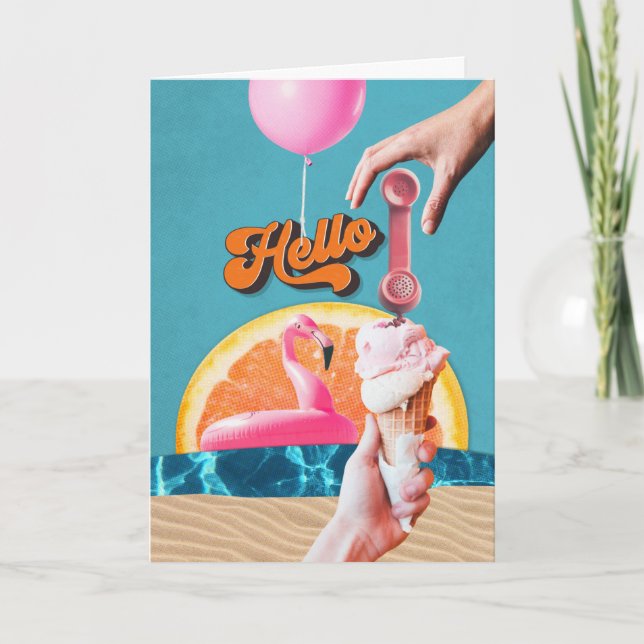 Retro Style Cutouts Beach Theme Collage Hello  Thank You Card (Front)