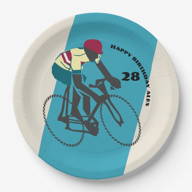 Retro-style Cycling Birthday Paper Plates (Front)