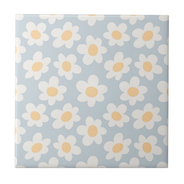 Retro style daisies in bloom on blue background ceramic tile (Front)