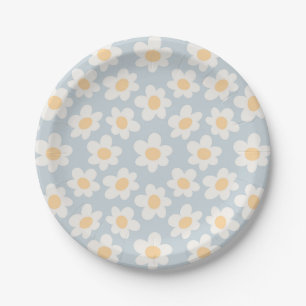 Retro style daisies in bloom on blue background paper plates