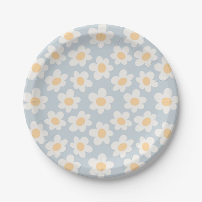 Retro style daisies in bloom on blue background paper plates (Front)