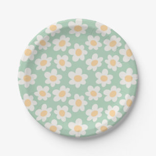 Retro style daisies in bloom on green background paper plates
