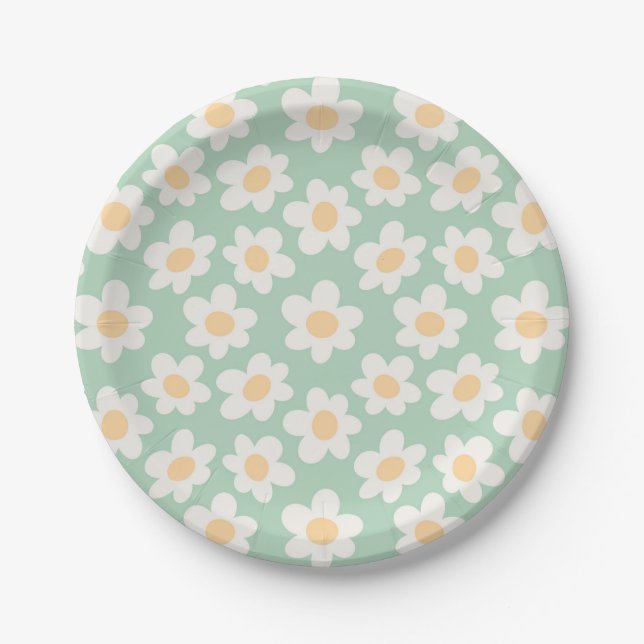 Retro style daisies in bloom on green background paper plates (Front)