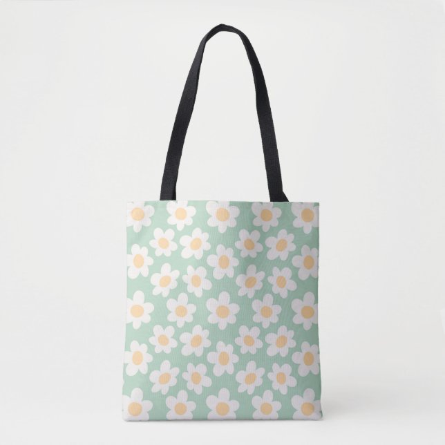 Retro style daisies in bloom on green background tote bag (Front)