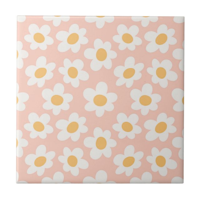 Retro style daisies in bloom on pink background ceramic tile (Front)