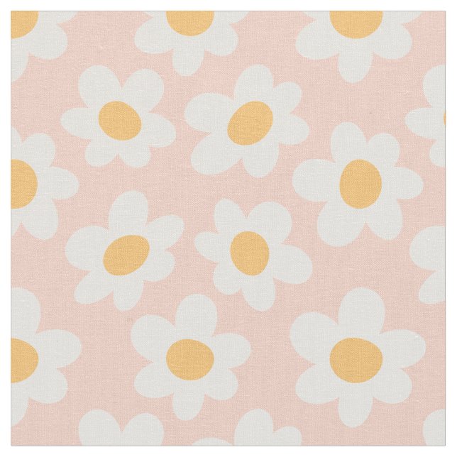 Retro style daisies in bloom on pink background fabric (Close Up)