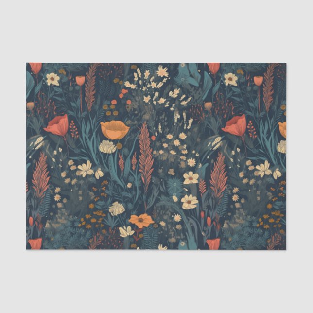 Retro style, dark floral field of wildflowers tissue paper (Front)