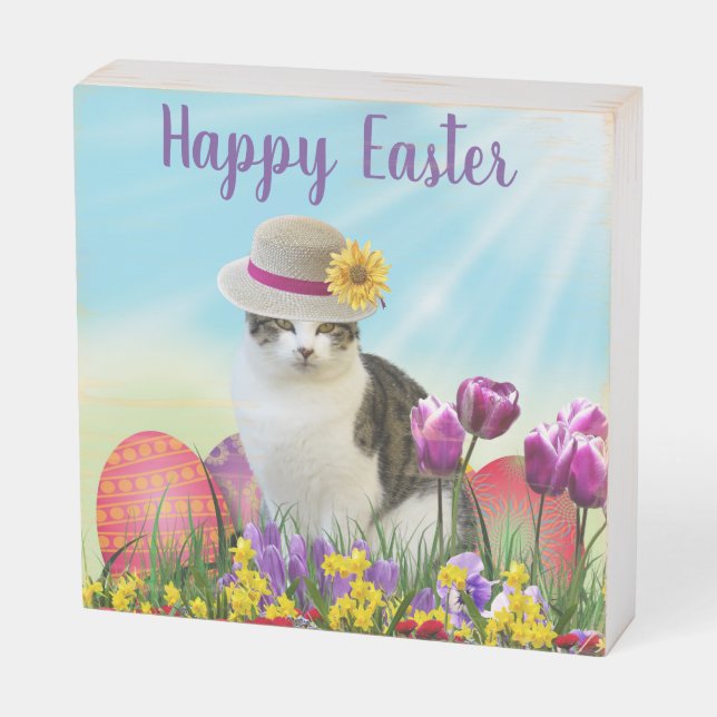 Retro Style Easter Cat / Holiday Home Decoration Wooden Box Sign (Angled Horizontal)