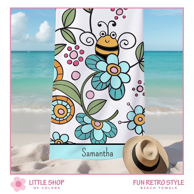 Retro Style Floral Bumble Bee Personalized Kids Beach Towel (Creator Uploaded)